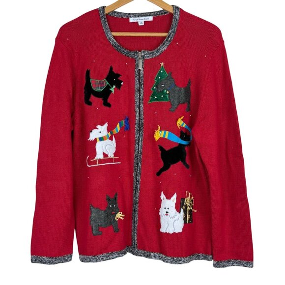 Mercer Street Studio Vtg Christmas Knit Cardigan XL Scottie Dogs Tree Appliques - Picture 1 of 10